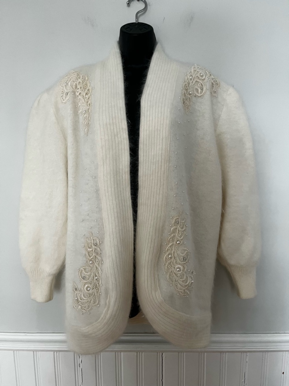 Vintage 80s Eddie Dassin Beaded Angora Cardigan, Size Medium
